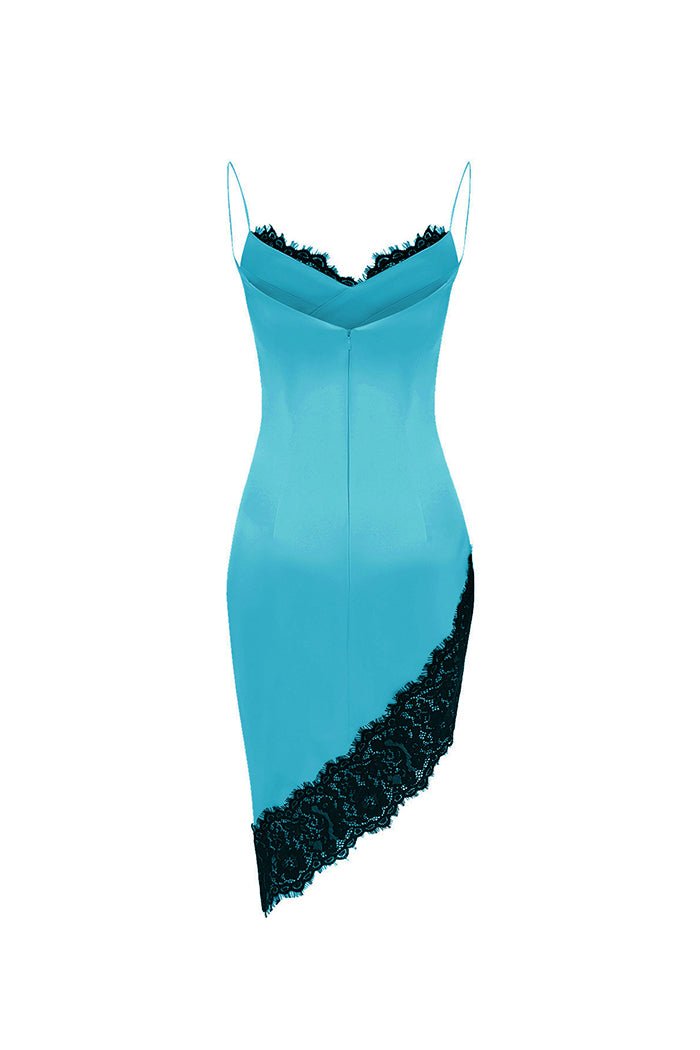 Asymmetric satin and lace mini dress – Rasario
