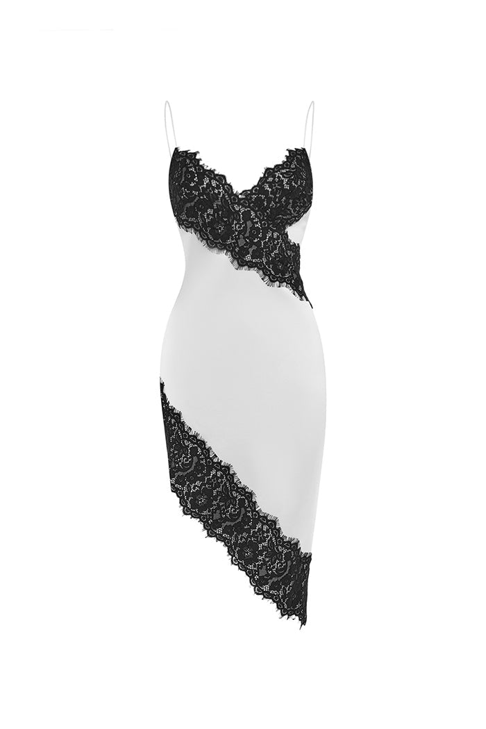 Asymmetric satin and lace mini dress – Color: White/Black – RASARIO Online Boutique 36 (FR) / White/Black