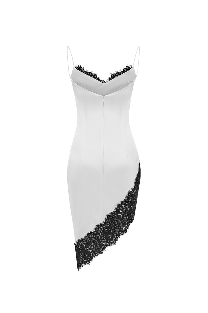 Asymmetric satin and lace mini dress – Rasario