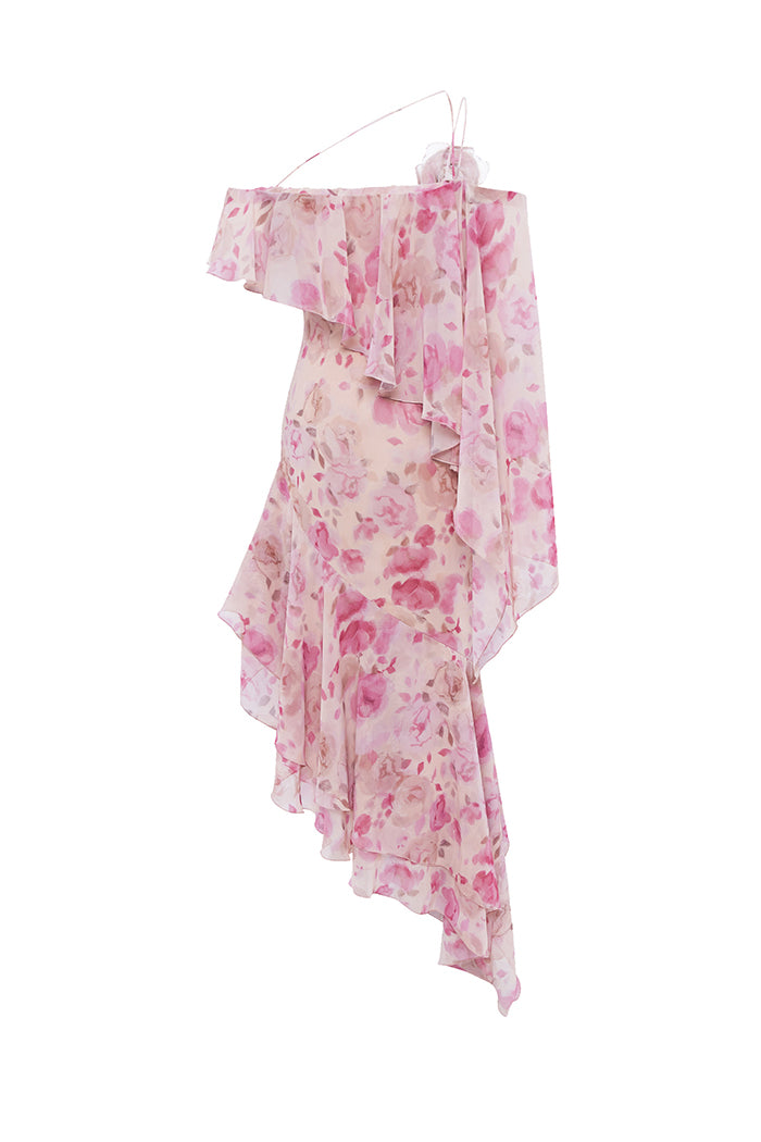 Asymmetrical printed chiffon midi dress with flounces – Rasario