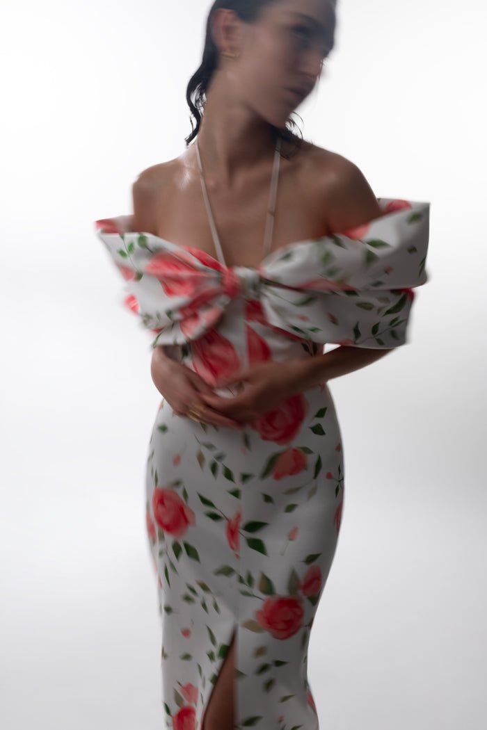 Bow-embellished midi printed satin dress – Rasario