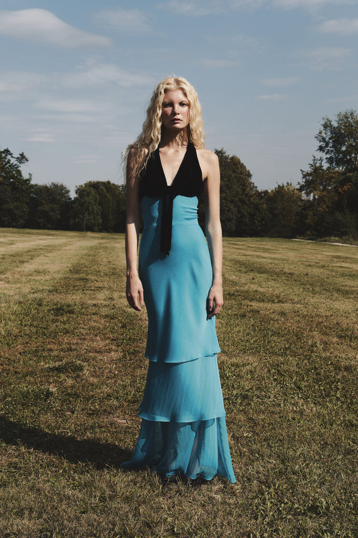 Chiffon and velvet maxi dress with a bow – Rasario