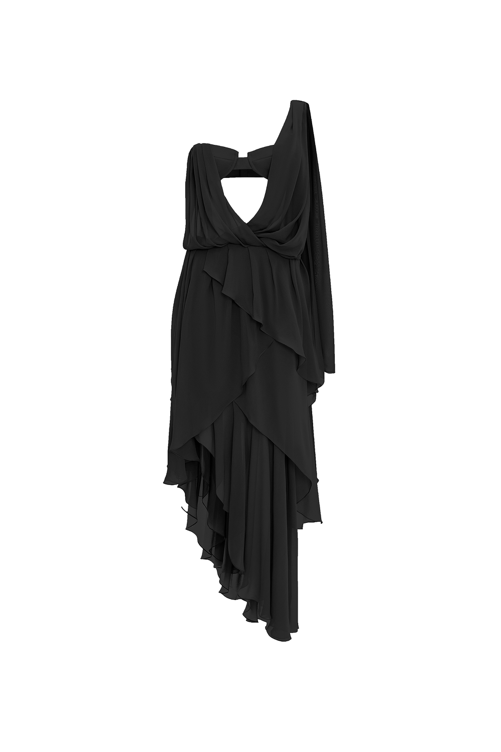 Chiffon asymmetric maxi dress with draping – Color: Black – RASARIO Online Boutique 42 (FR) / Black