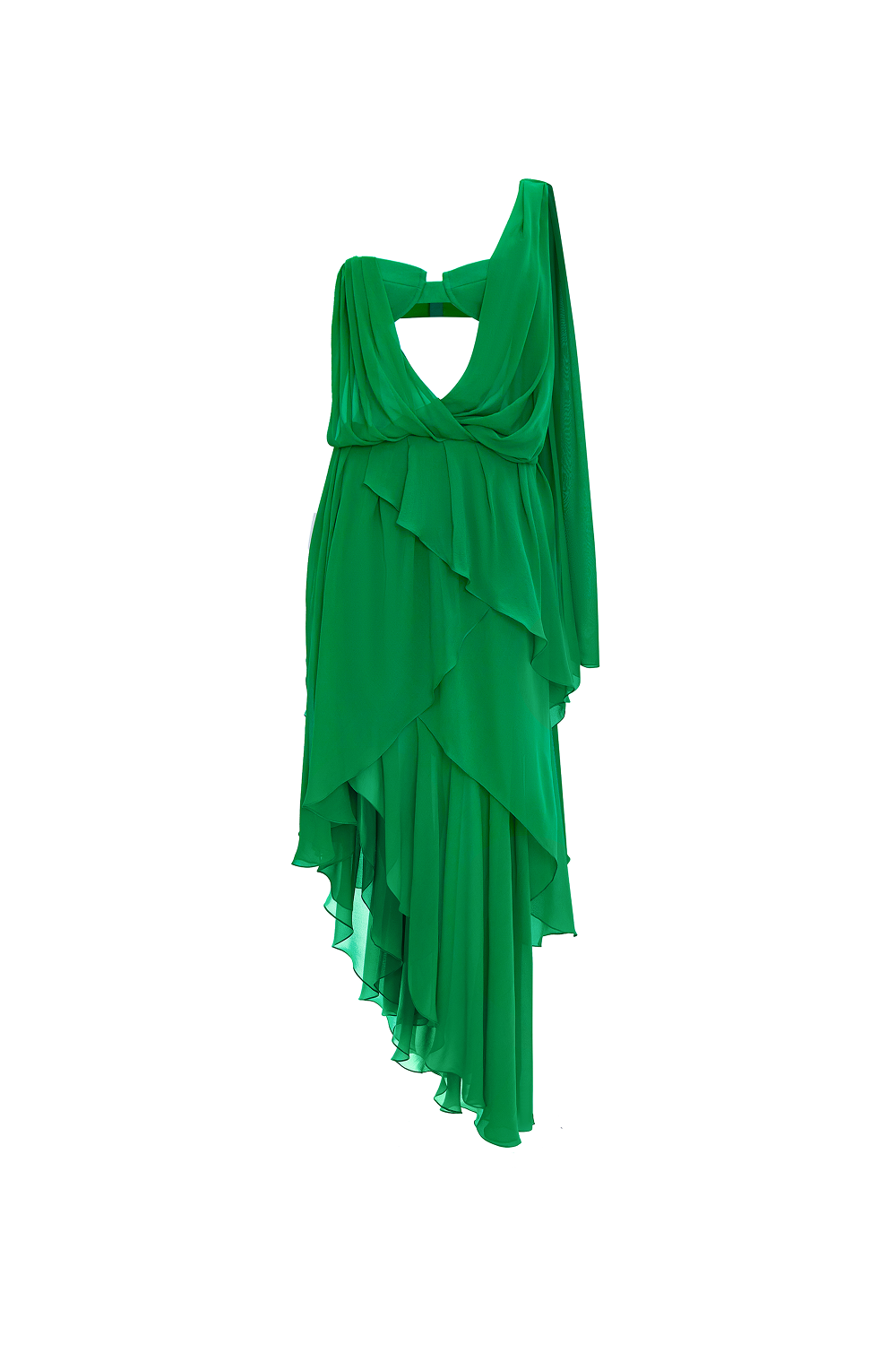 Chiffon asymmetric maxi dress with draping – Color: Green – RASARIO Online Boutique 38 (FR) / Green