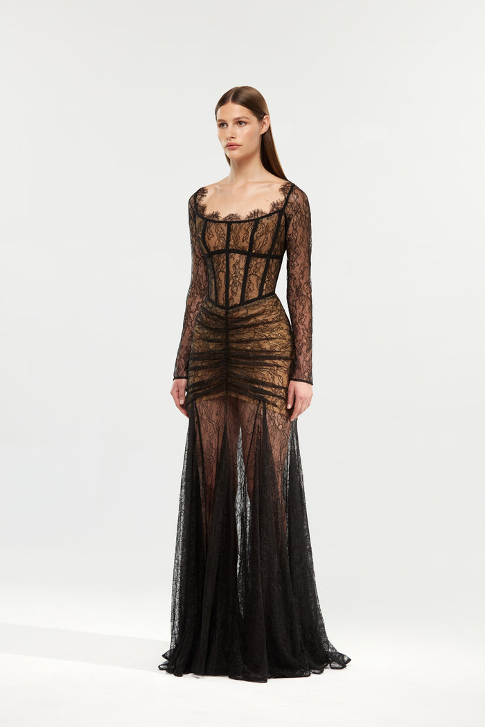 Corset lace gown with a draped skirt – Rasario