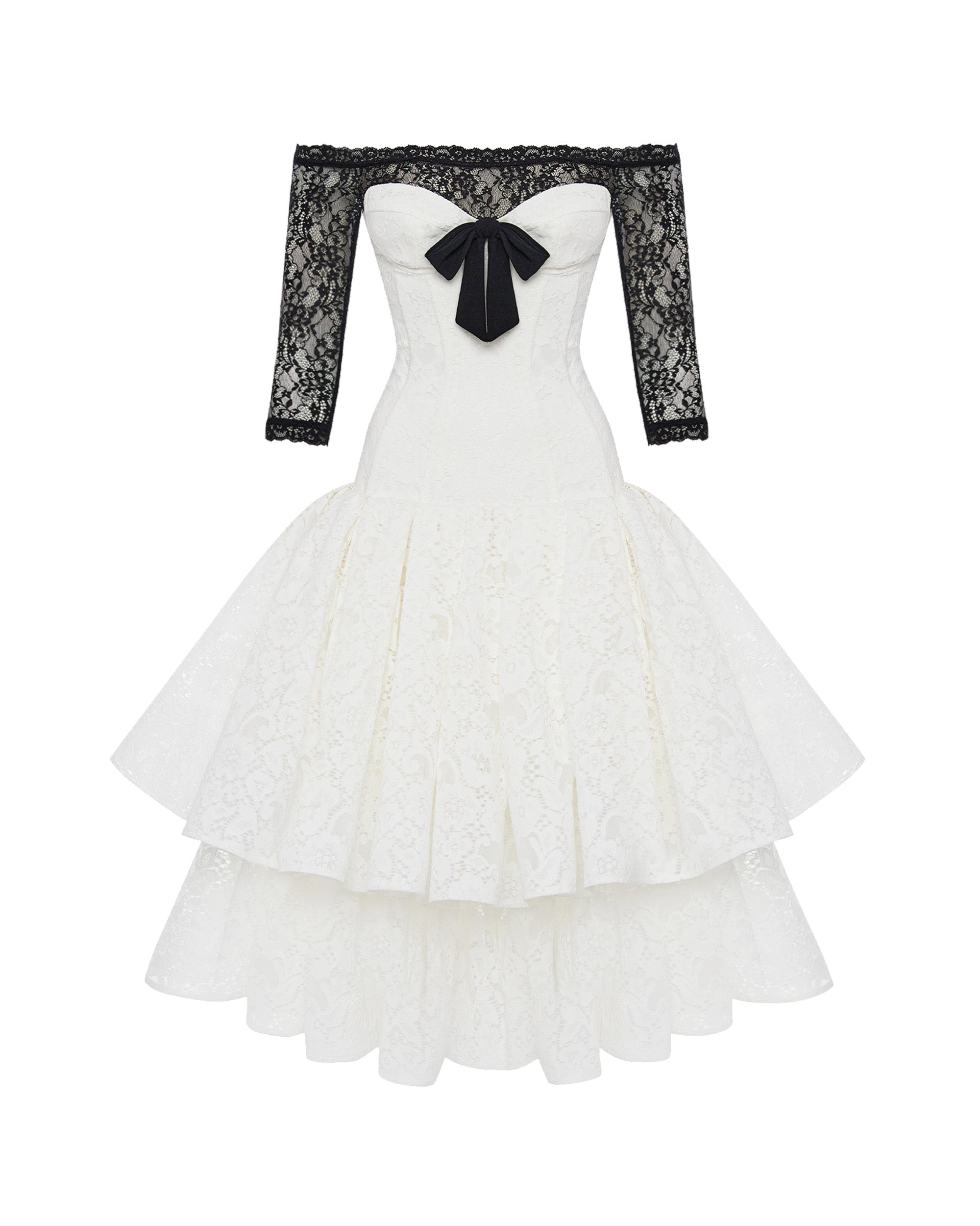 Corset lace midi dress with a bow – Color: White/Black – RASARIO Online Boutique 42 (FR) / White/Black