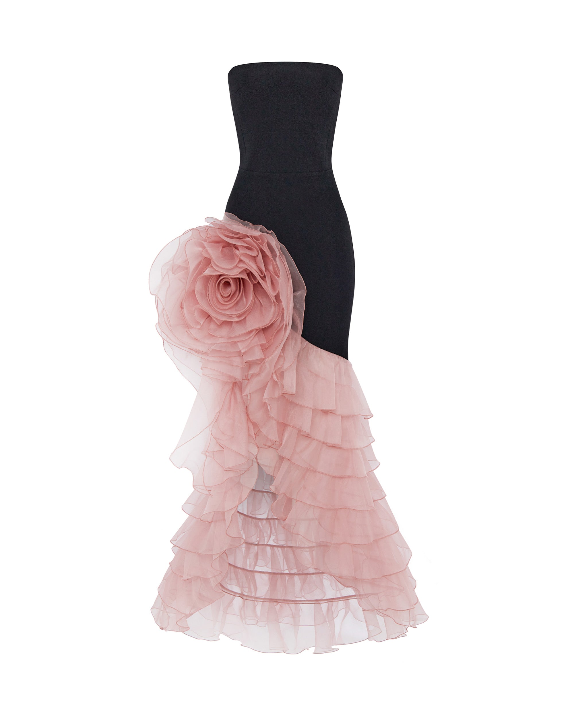 Crepe and chiffon maxi dress with a voluminous flower – Color: Black/Pink – RASARIO Online Boutique 46 (FR) / Black/Pink