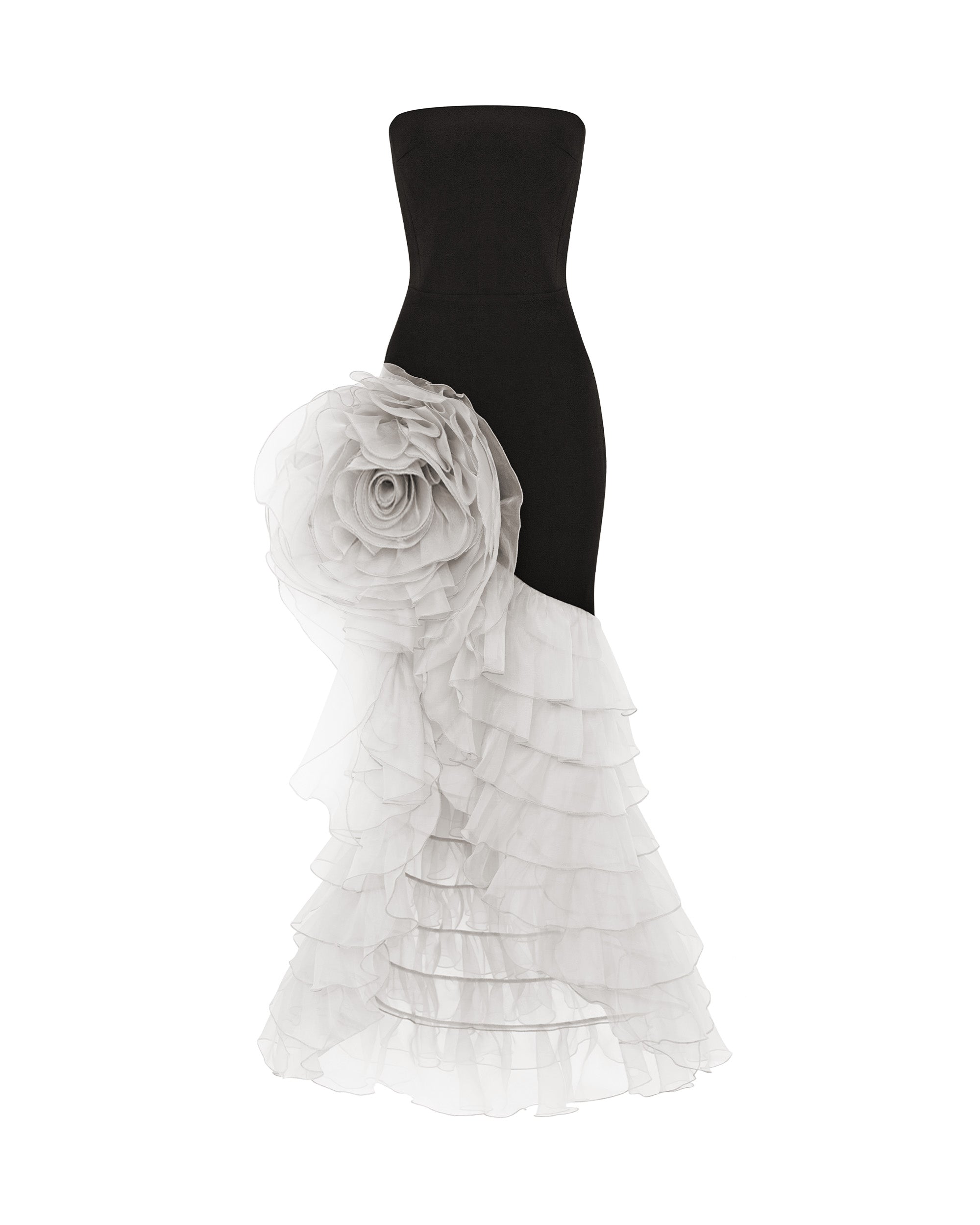 Crepe and chiffon maxi dress with a voluminous flower – Color: Black/White – RASARIO Online Boutique 40 (FR) / Black/White