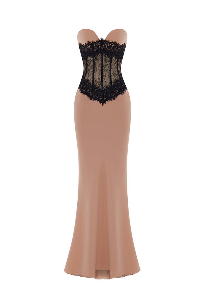 Crepe and lace corset maxi dress – Color: Beige/Black – RASARIO Online Boutique 46 (FR) / Beige/Black