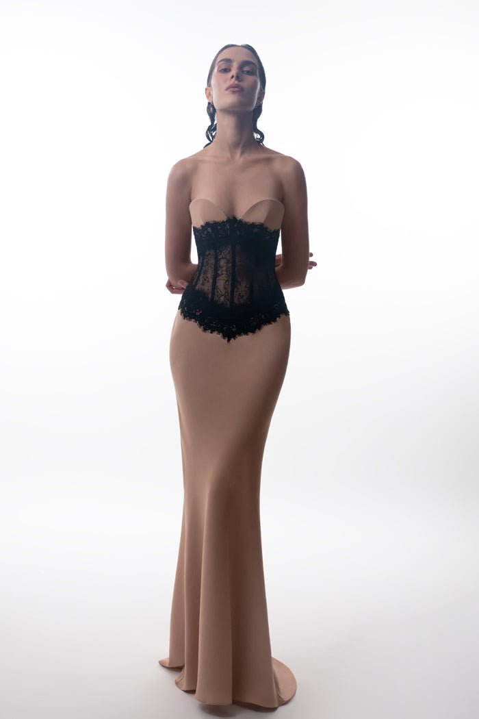 Crepe and lace corset maxi dress – Rasario