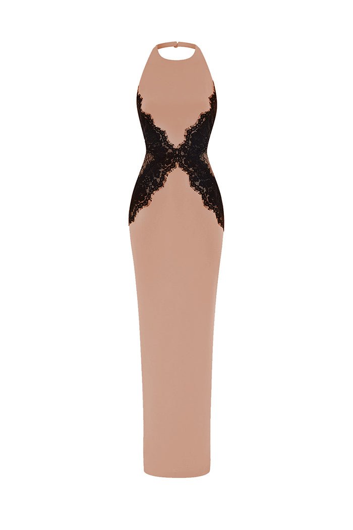 Crepe and lace maxi dress – Color: Beige/Black – RASARIO Online Boutique 42 (FR) / Beige/Black