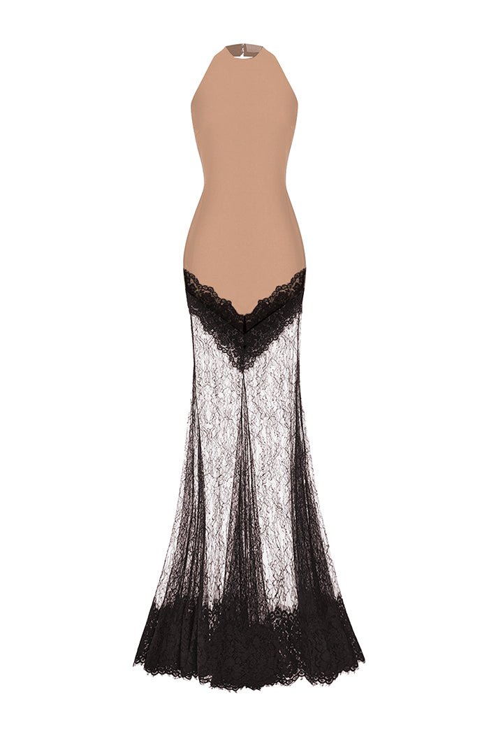 Crepe and lace maxi dress – Color: Beige/Black – RASARIO Online Boutique 38 (FR) / Beige/Black