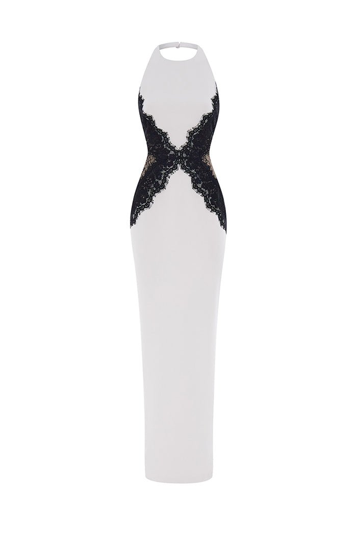Crepe and lace maxi dress – Color: White/Black – RASARIO Online Boutique 40 (FR) / White/Black