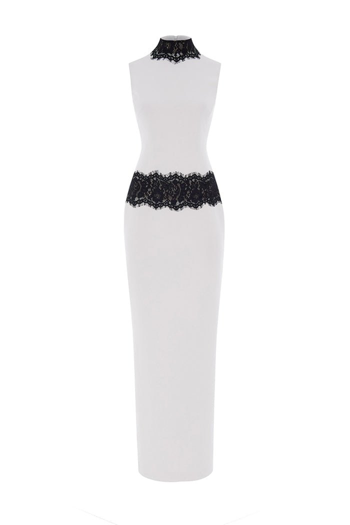Crepe and lace maxi dress – Color: White/Black – RASARIO Online Boutique