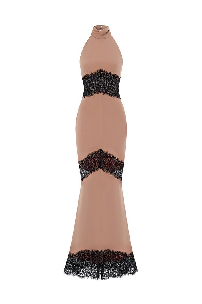 Crepe and lace maxi dress with cutouts – Color: Beige/Black – RASARIO Online Boutique 38 (FR) / Beige/Black