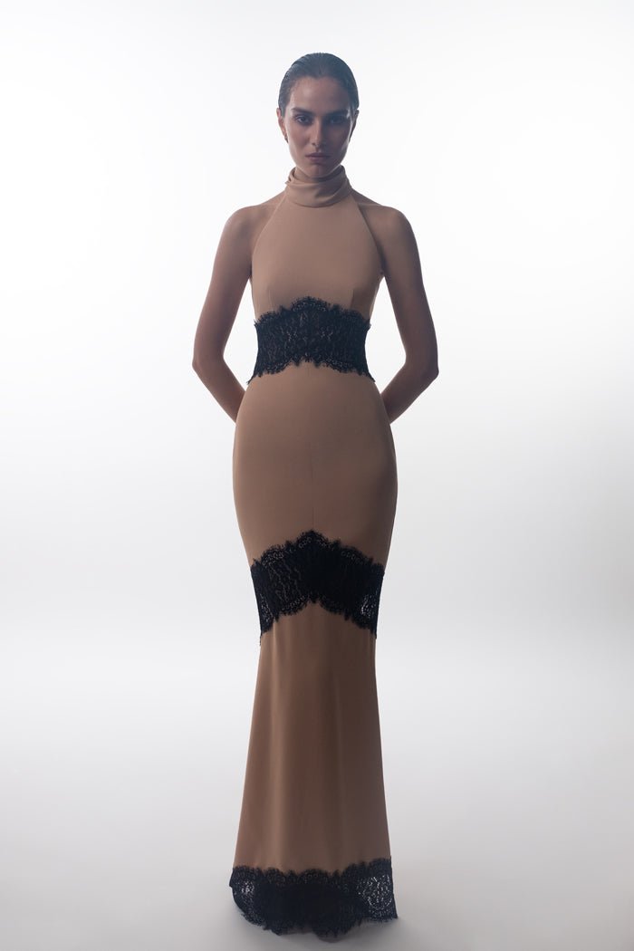 Crepe and lace maxi dress with cutouts – Rasario