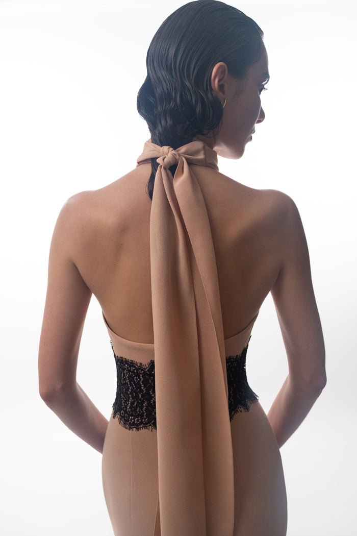 Crepe and lace maxi dress with cutouts – Rasario