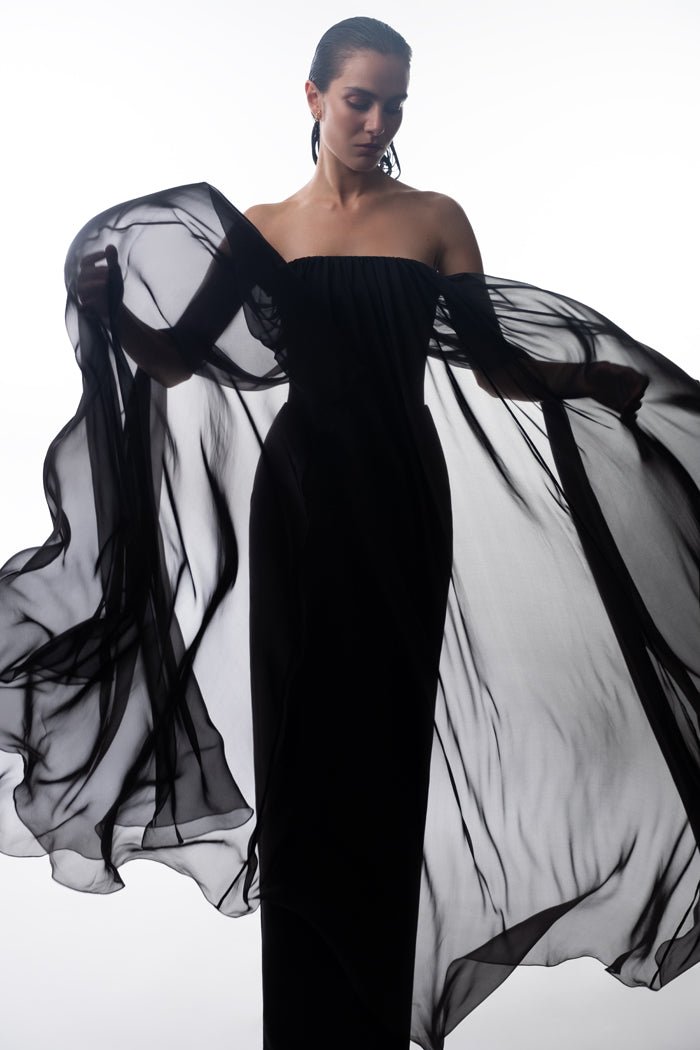 Crepe and silk chiffon corset gown – Rasario