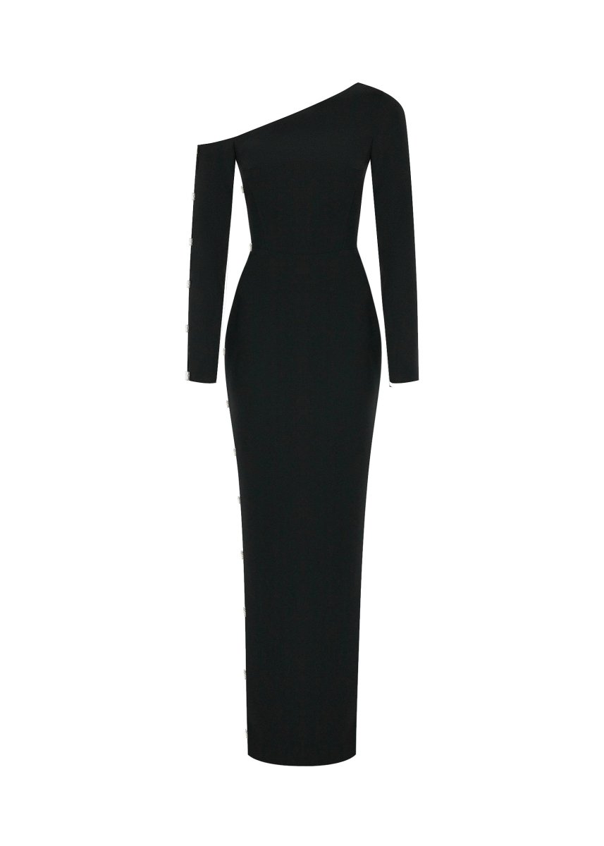 Crepe asymmetric crystal-embellished midi dress – Rasario
