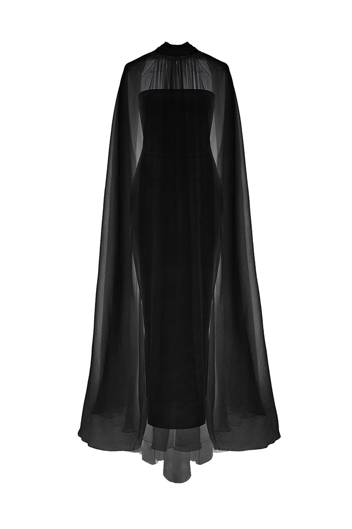 Crepe corset gown with a voluminous silk chiffon cape – Color: Black – RASARIO Online Boutique 38 (FR) / Black