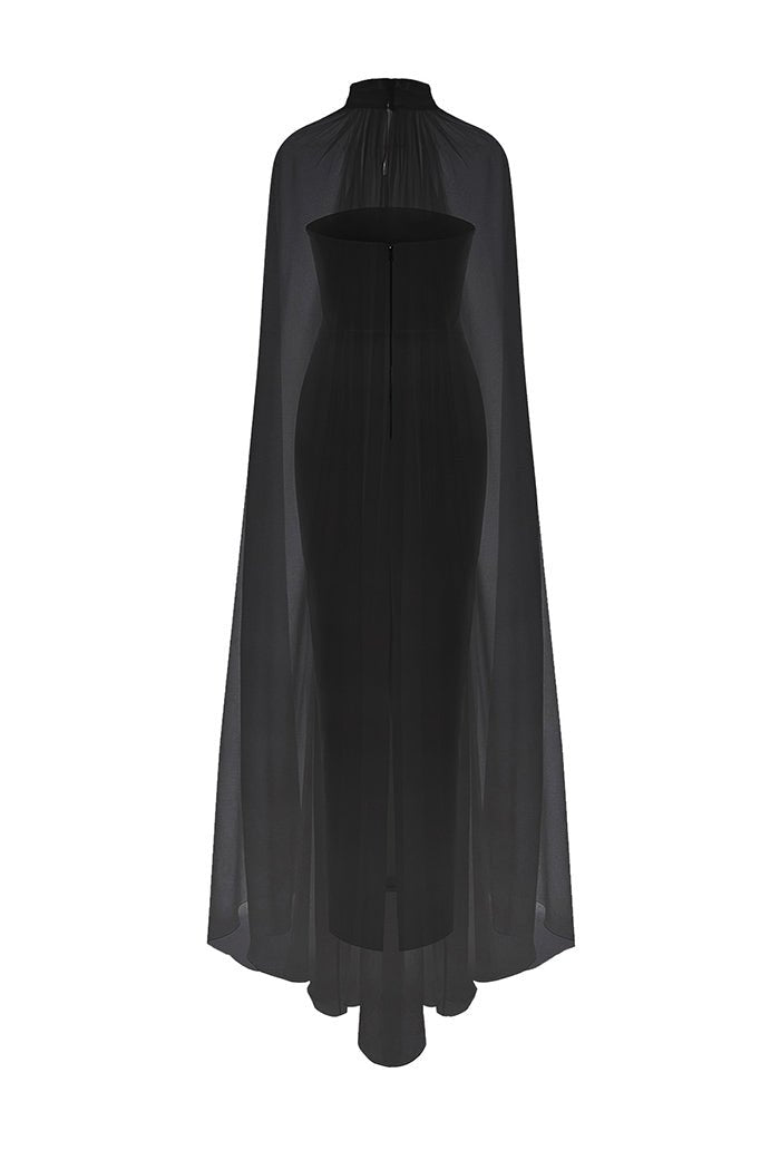 Crepe corset gown with a voluminous silk chiffon cape – Rasario