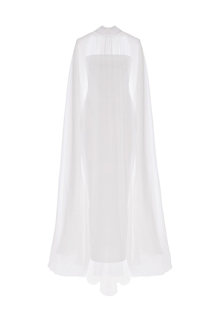Crepe corset gown with a voluminous silk chiffon cape – Color: White – RASARIO Online Boutique 40 (FR) / White