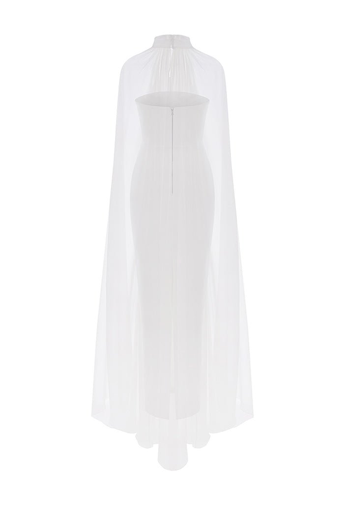 Crepe corset gown with a voluminous silk chiffon cape – Rasario