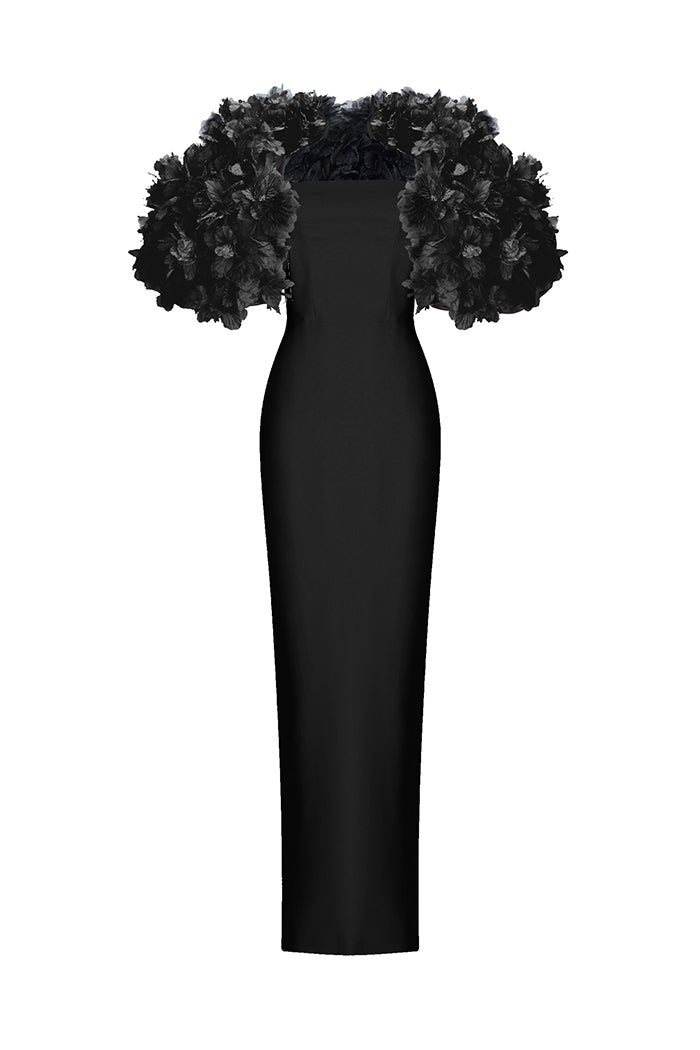 Crepe maxi dress with floral trim – Rasario