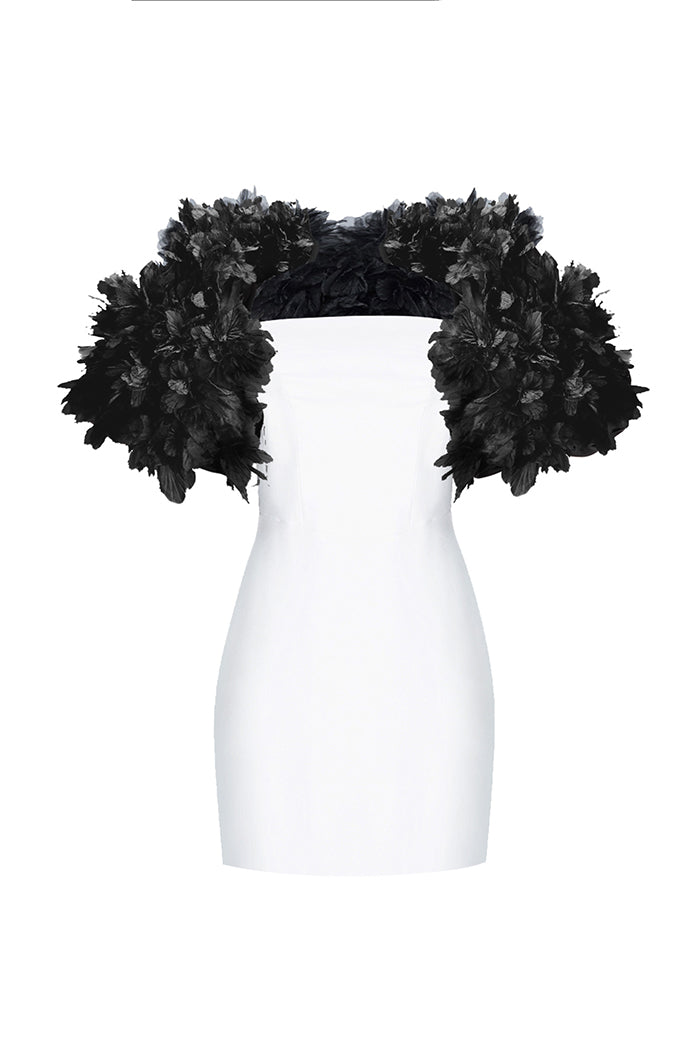 Crepe mini dress with floral trim – Rasario
