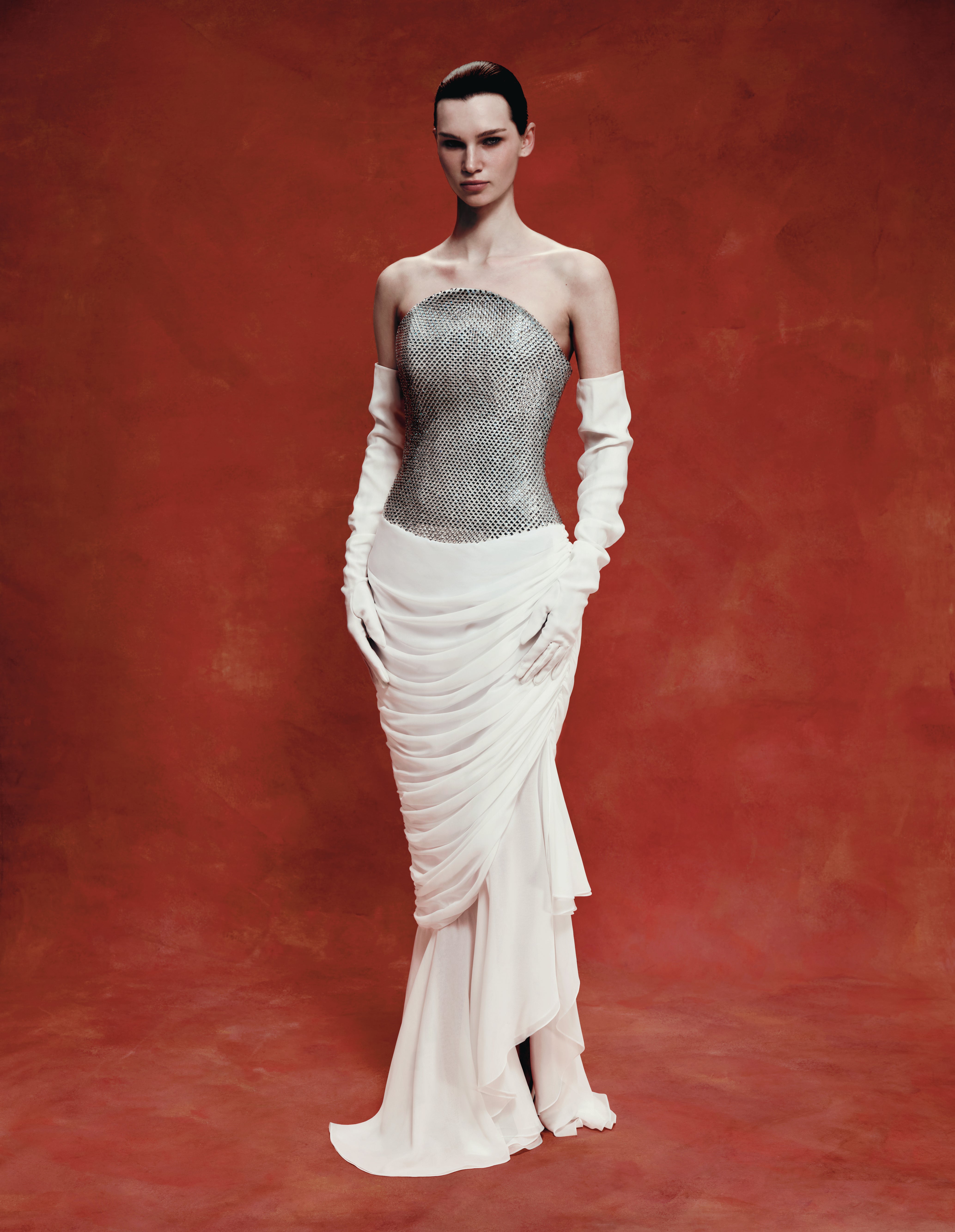 Crystal corset and silk chiffon dress – Color: White – RASARIO Online Boutique 38 (FR) / White