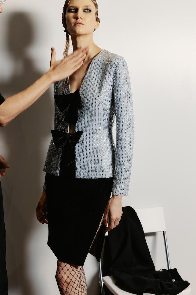 Crystal-embellished chiffon blazer with bows – Rasario