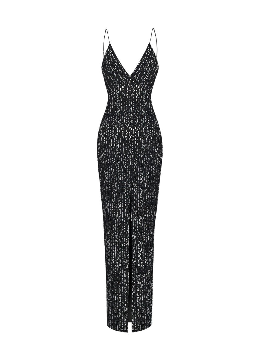 Crystal-embellished chiffon maxi dress with a slit – Color: Black – RASARIO Online Boutique 38 (FR) / Black