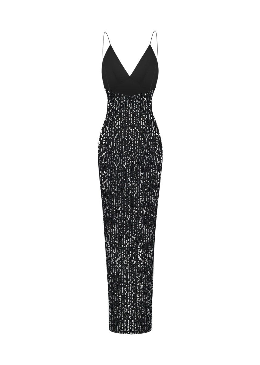 Crystal-embellished chiffon maxi dress with a slit – Rasario