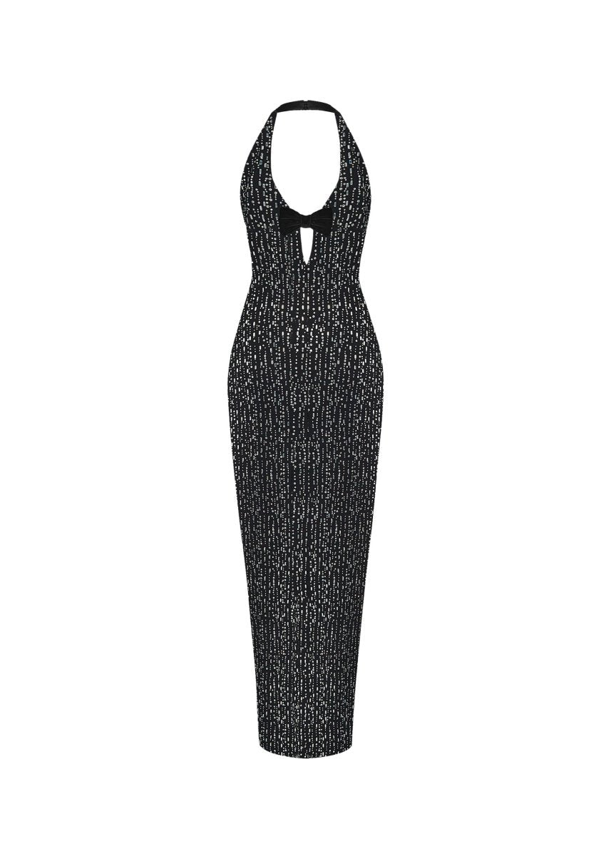 Crystal-embellished chiffon midi dress with bow – Rasario