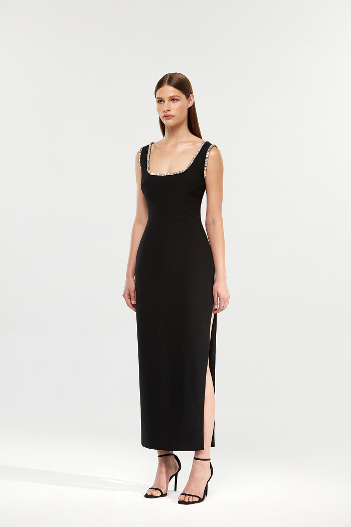 Crystal embellished crepe long midi dress with a side slit – Rasario