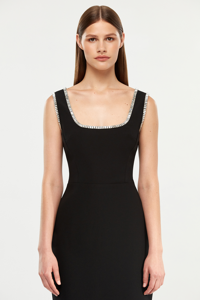 Crystal embellished crepe long midi dress with a side slit – Rasario