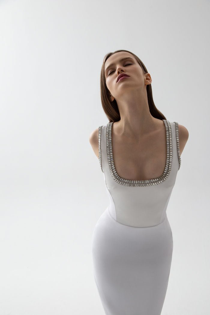 Crystal embellished crepe long midi dress with a side slit – Rasario