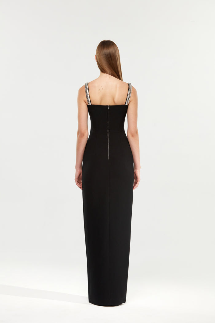 Crystal embellished crepe maxi dress with a slit – Rasario