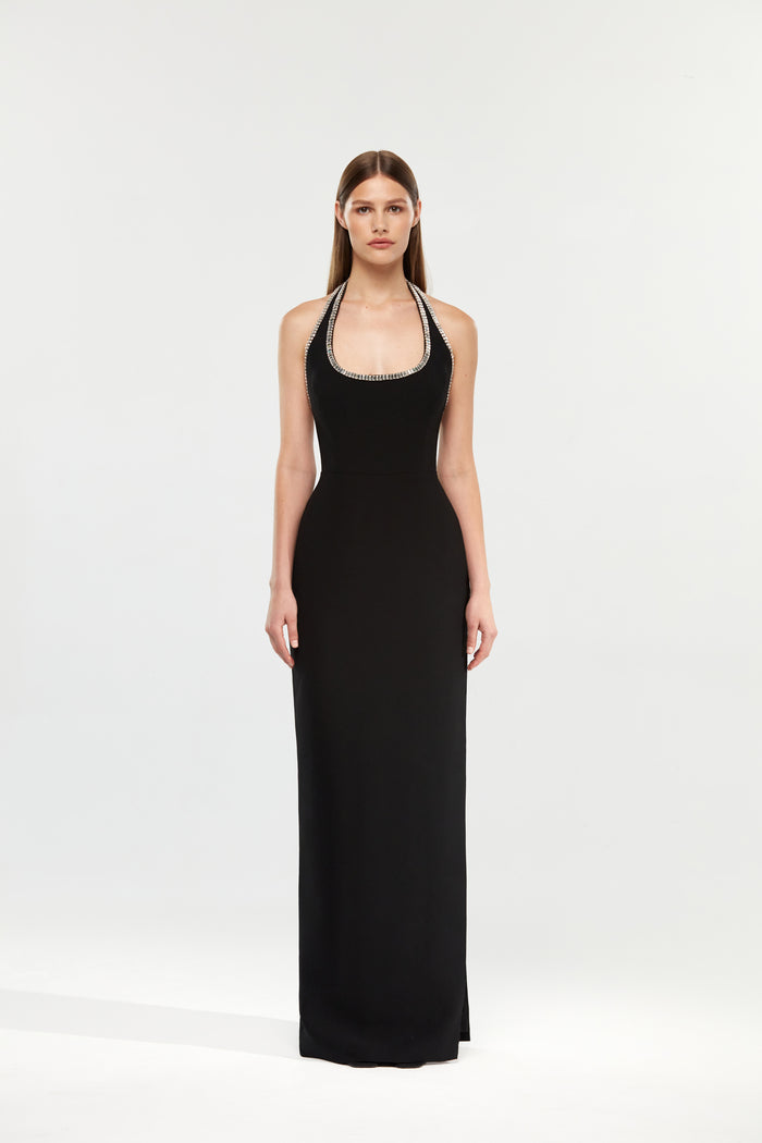 Crystal embellished crepe maxi dress with a slit – Rasario