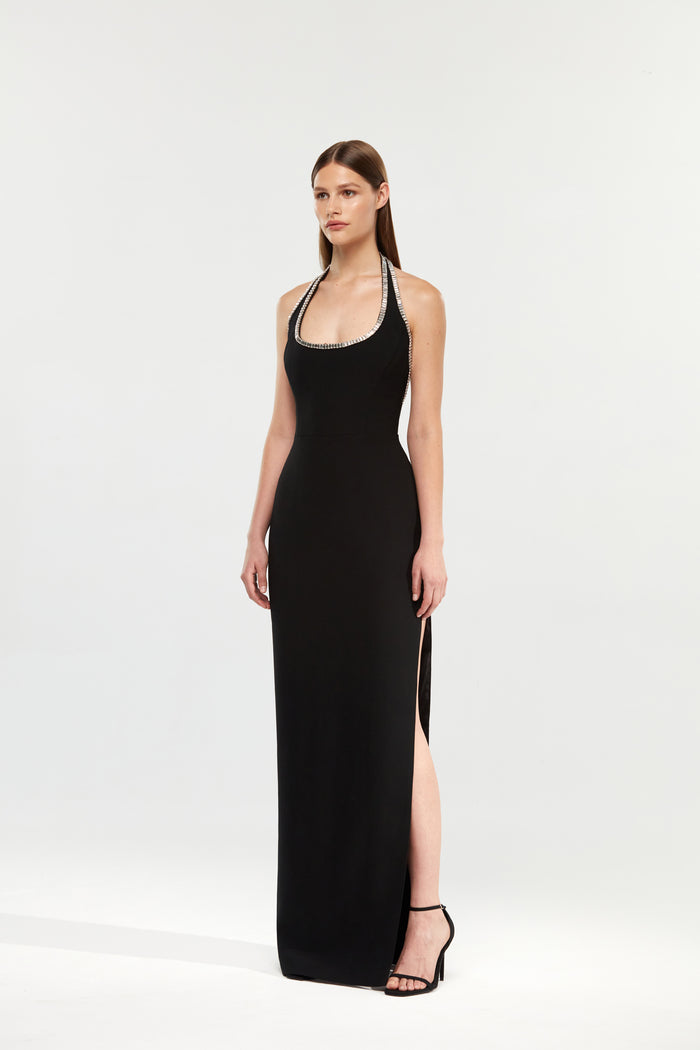 Crystal embellished crepe maxi dress with a slit – Rasario