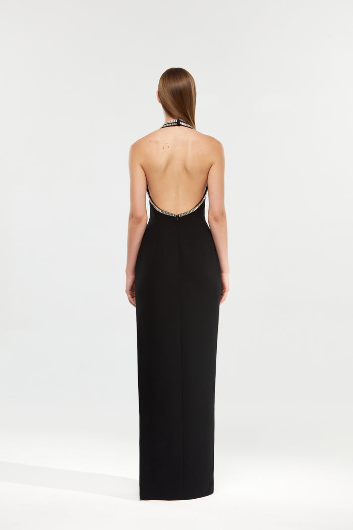 Crystal embellished crepe maxi dress with a slit – Rasario