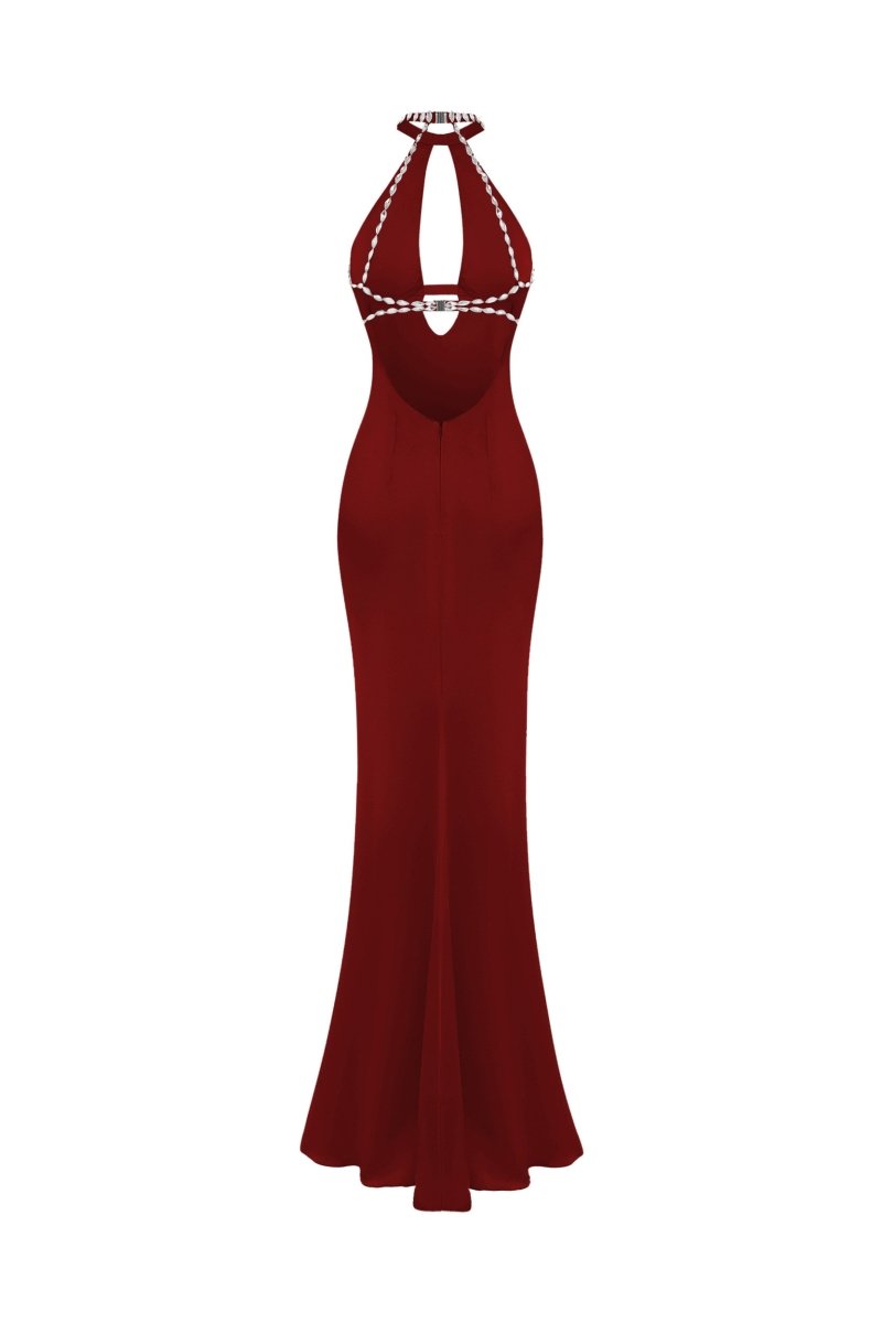 Crystal-embellished satin maxi dress with cutout – Rasario