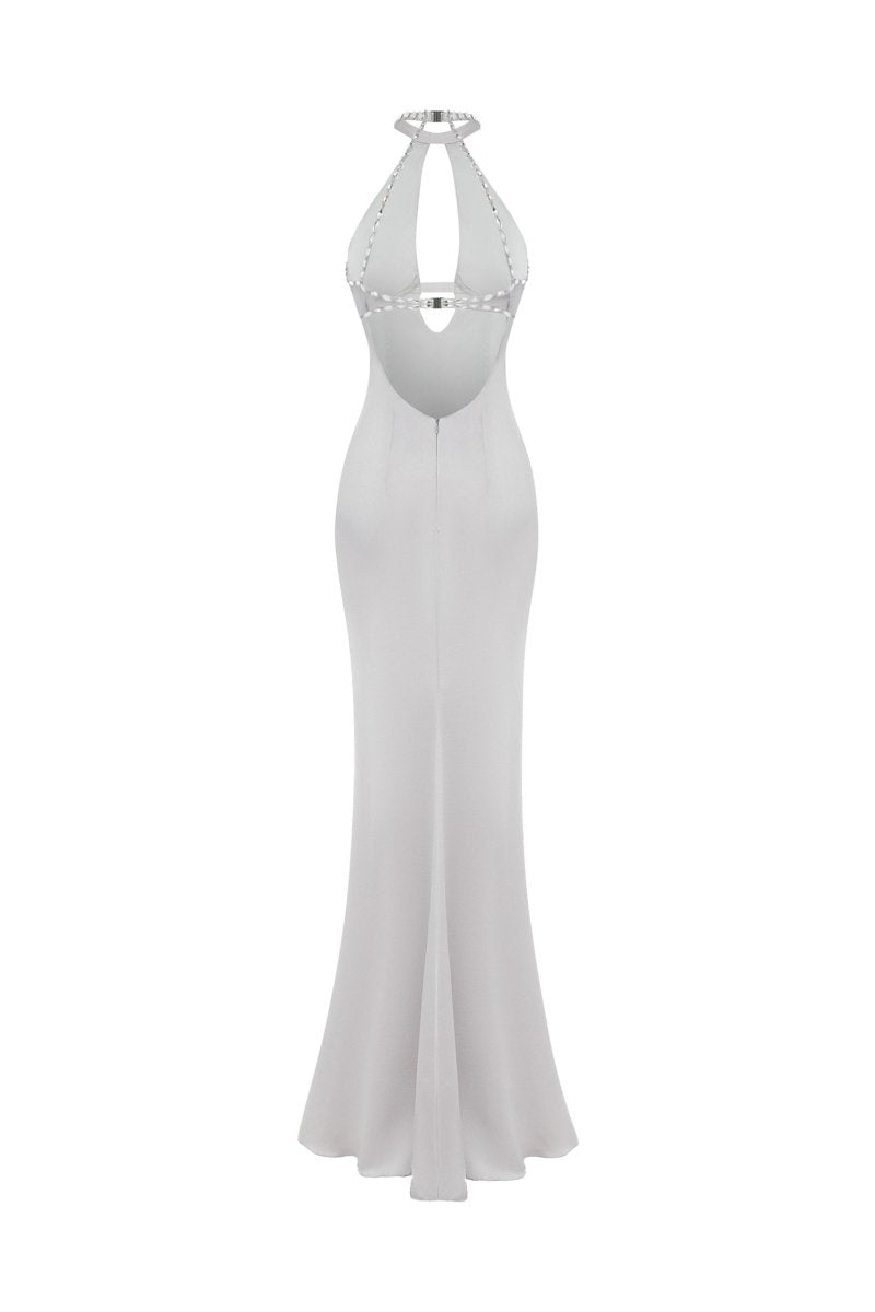 Crystal-embellished satin maxi dress with cutout – Rasario