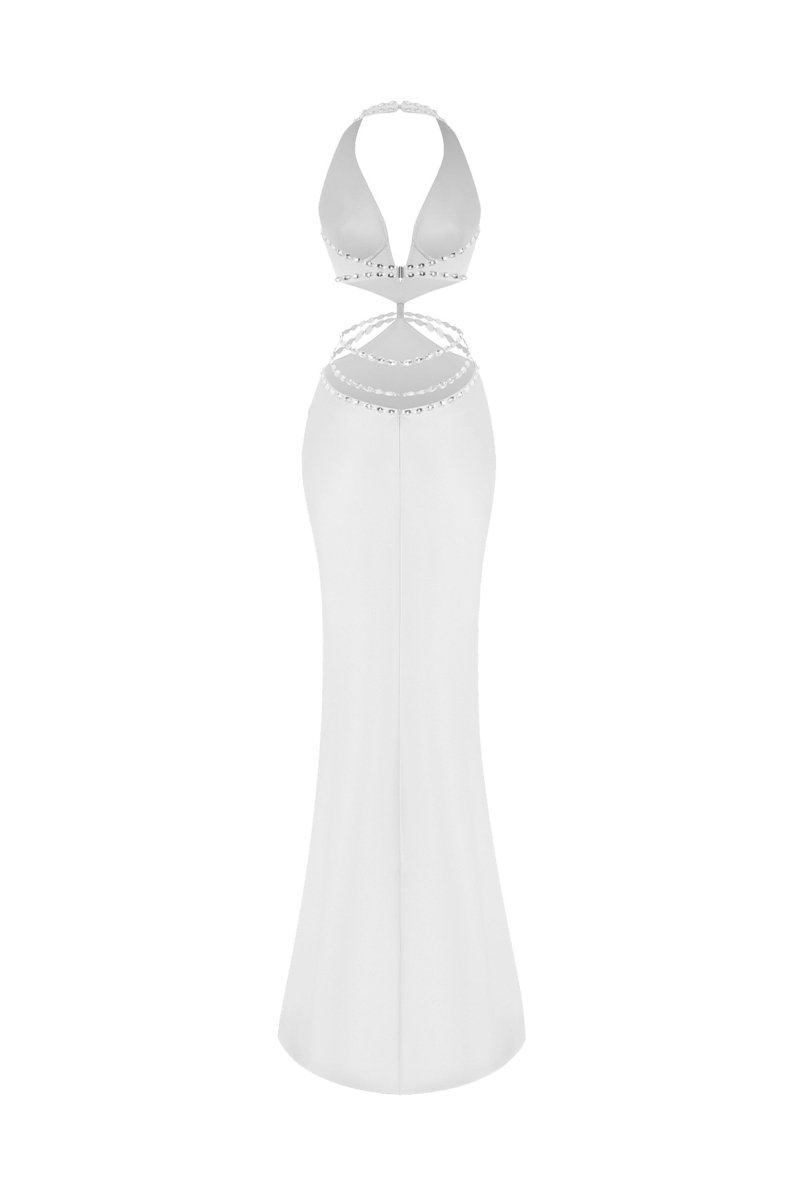 Crystal-embellished satin maxi dress with cutouts – Rasario