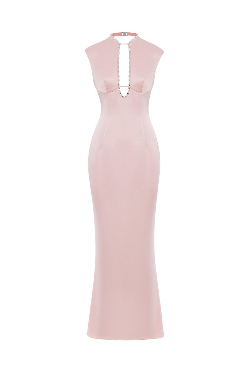 Crystal-embellished satin midi dress with cutout – Color: Light Pink – RASARIO Online Boutique 40 (FR) / Light Pink