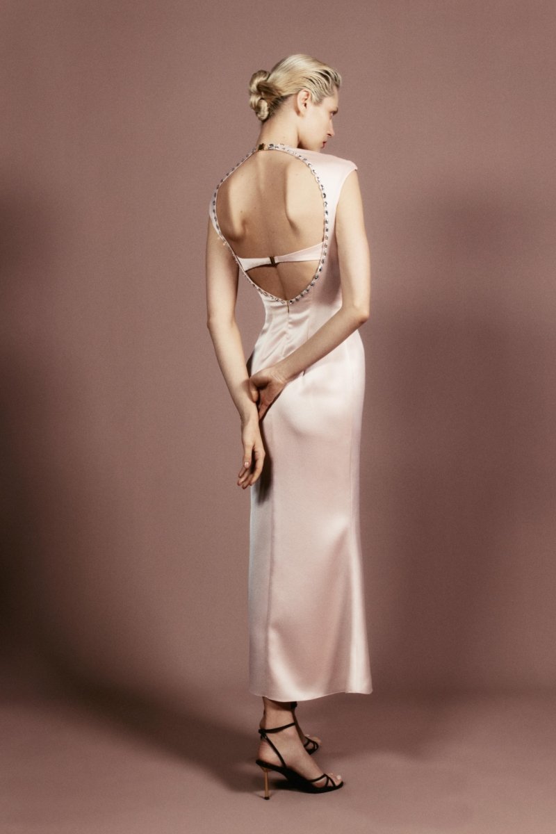 Crystal-embellished satin midi dress with cutout – Rasario