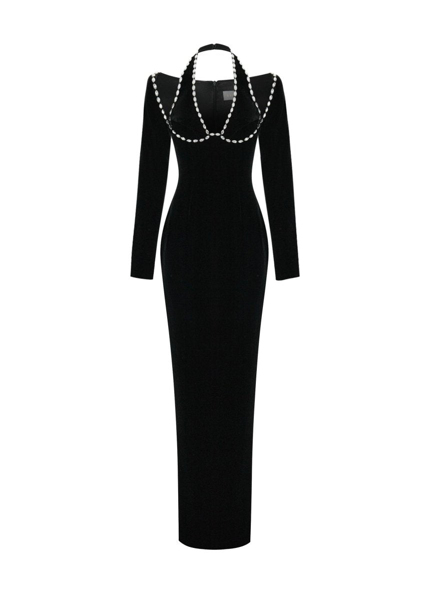 RASARIO Crystal Embellished Maxi Dress in Black