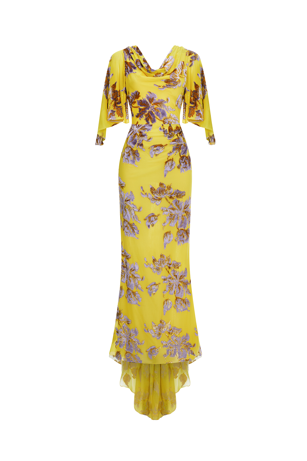 floral velvet maxi dress Devoré with cowl back and train – Color: Yellow – RASARIO Online Boutique 34 (FR) / Yellow price_gbp10 - gbp20 rose burnout velvet mesh Fashion Nova Size L Style:SR407