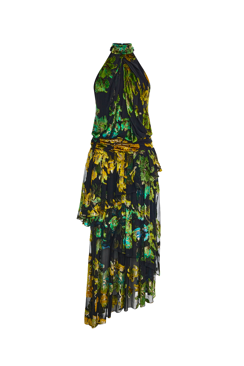 Devoré velvet maxi dress with ruffles and open back – Color: Black/Green – RASARIO Online Boutique 46 (FR) / Black/Green