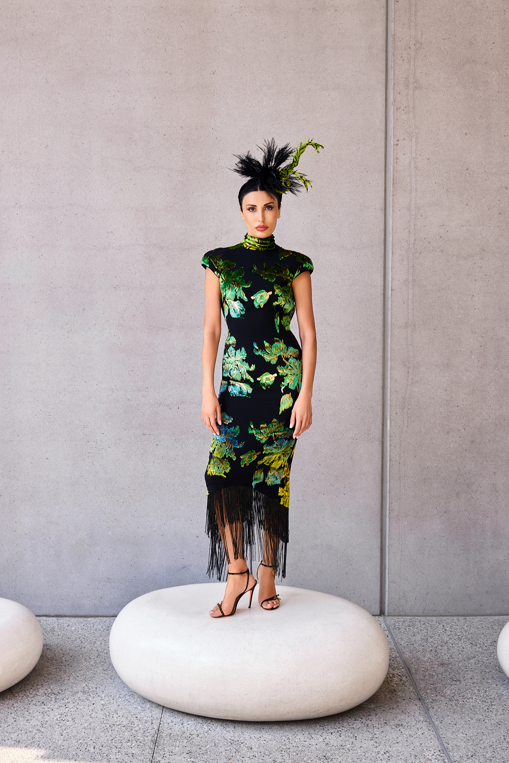 Devoré velvet midi dress with beaded fringe – Rasario